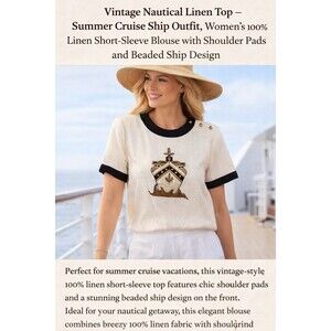Vintage 100% Linen Nautical Beaded Ship Top Sz 10 Short Sleeve Blouse Cruise